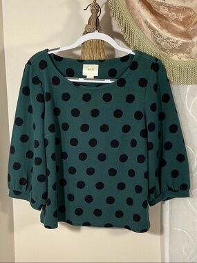 Maeve by Anthropology Teal Green Polka Dot Blouse with Black Dots Sz L Cotton